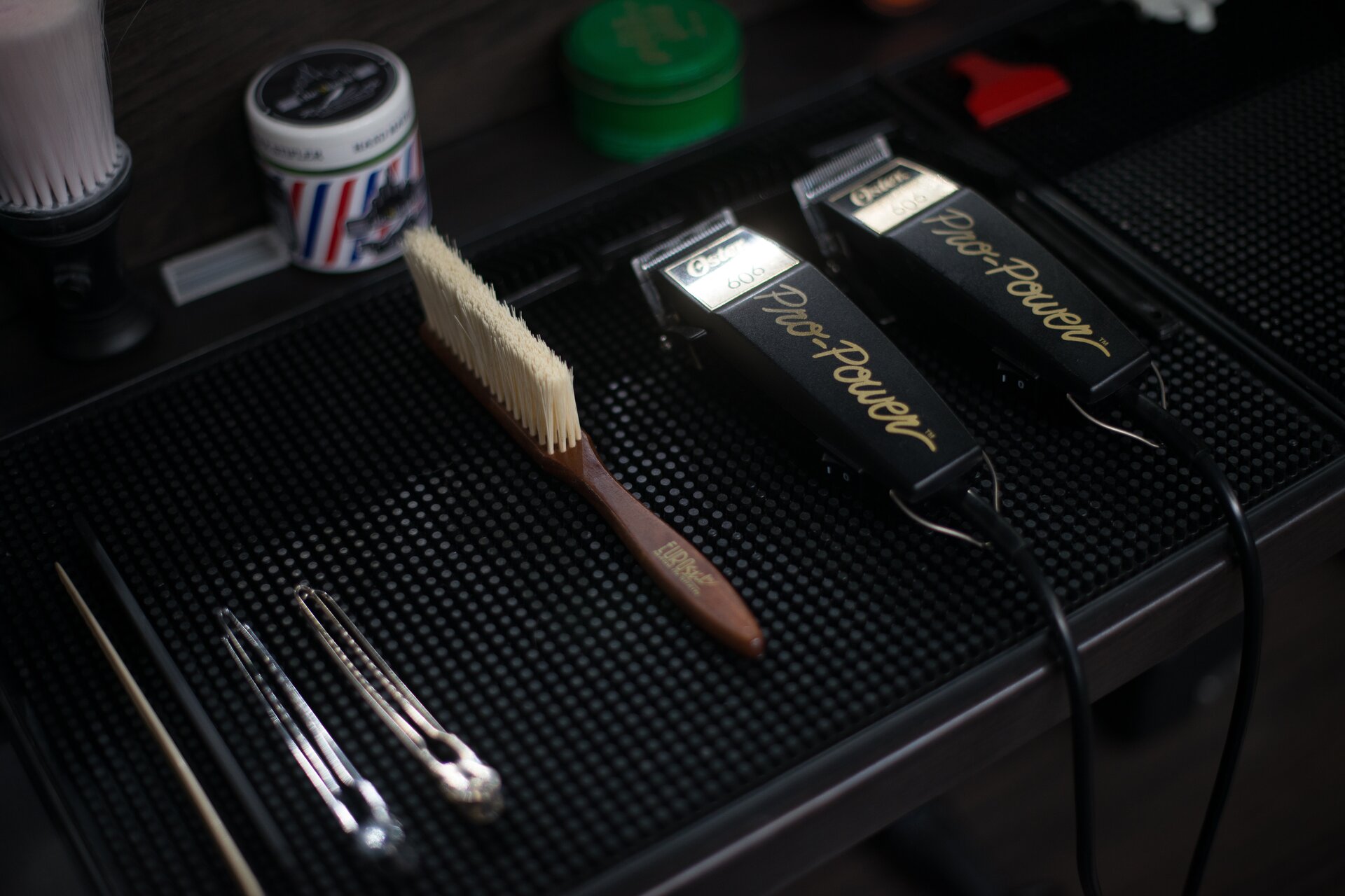Professional clippers and grooming tools at Creations by G Barbershop in Dacula, Georgia